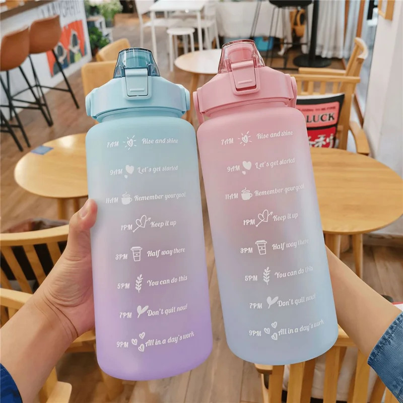 2L PP + PC Water Bottle with Time Markings Flip Lid Detachable Straw Handle Large Capacity Gradient Water Cup - Cyan