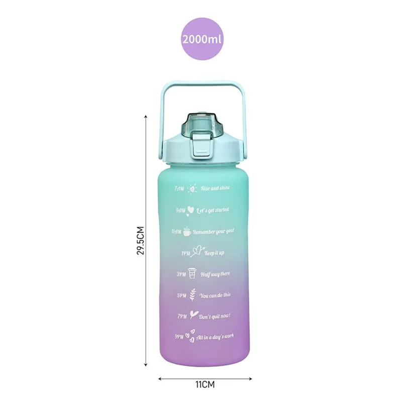 2L PP + PC Water Bottle with Time Markings Flip Lid Detachable Straw Handle Large Capacity Gradient Water Cup - Cyan