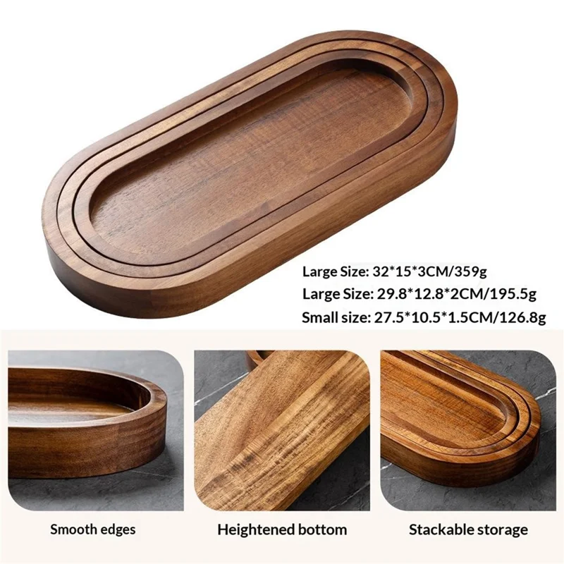 3Pcs Wood Oval Nested Serving Trays Stackable Storage Tray Set - Wood Color