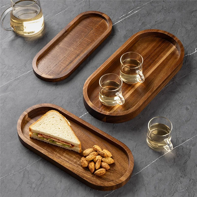 3Pcs Wood Oval Nested Serving Trays Stackable Storage Tray Set - Wood Color