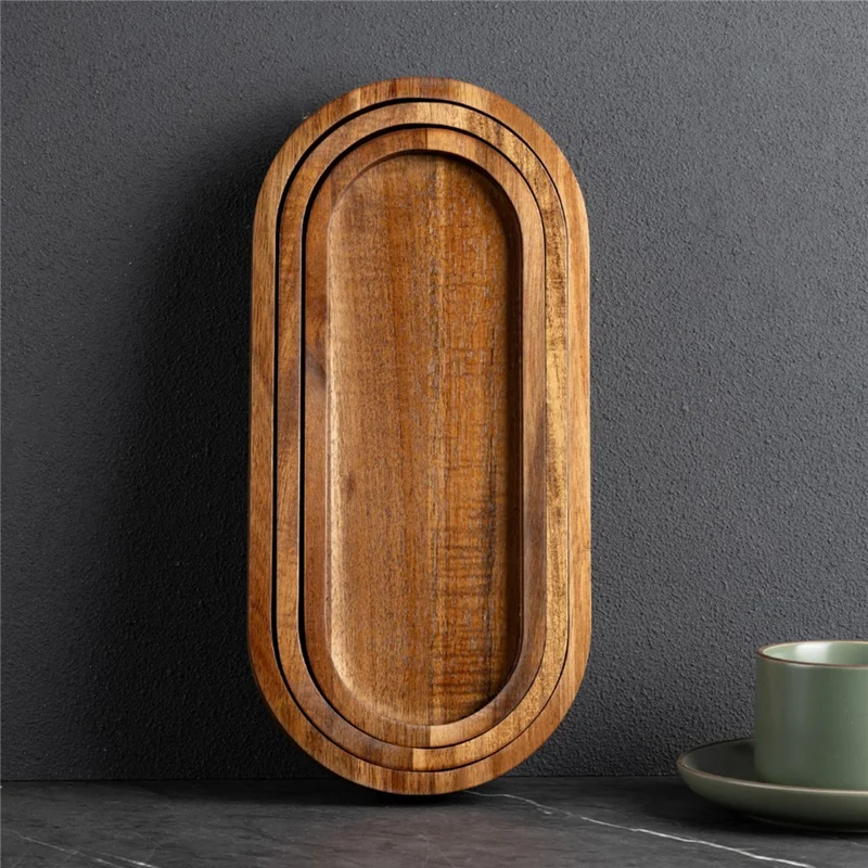 3Pcs Wood Oval Nested Serving Trays Stackable Storage Tray Set - Wood Color