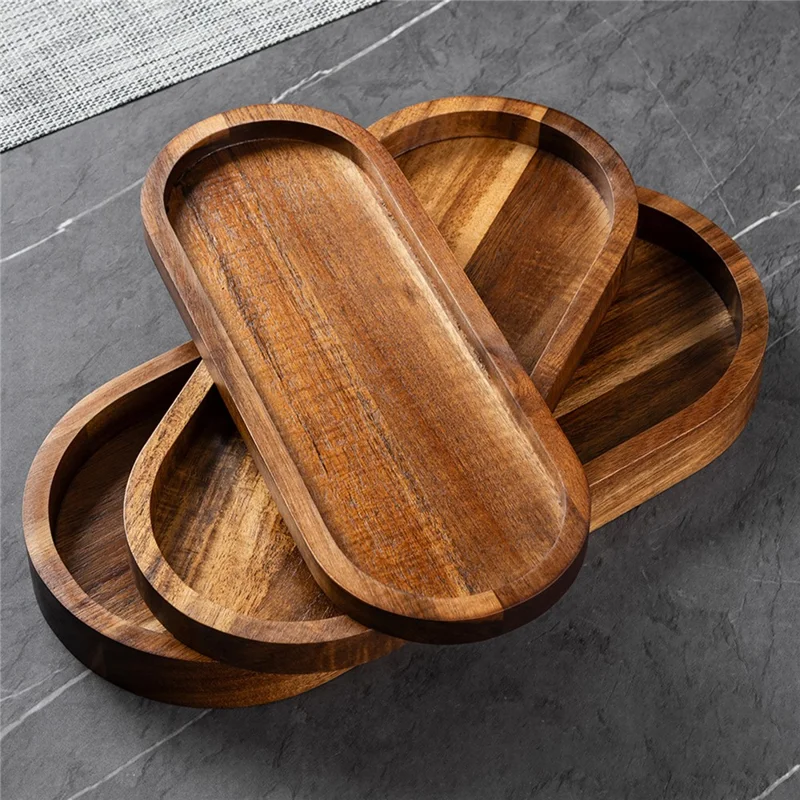 3Pcs Wood Oval Nested Serving Trays Stackable Storage Tray Set - Wood Color