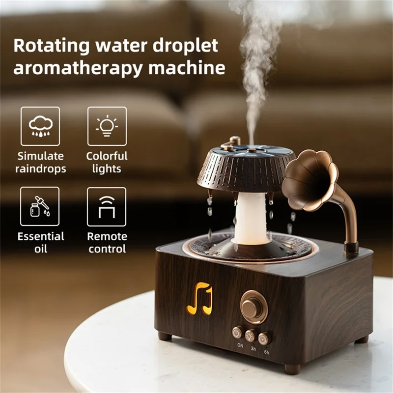 V98 250ml Rotating Water Droplet Aromatherapy Diffuser with Remote Control and Ambient Light EU Plug - Wood Grain