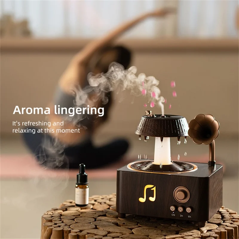 V98 250ml Rotating Water Droplet Aromatherapy Diffuser with Remote Control and Ambient Light EU Plug - Wood Grain