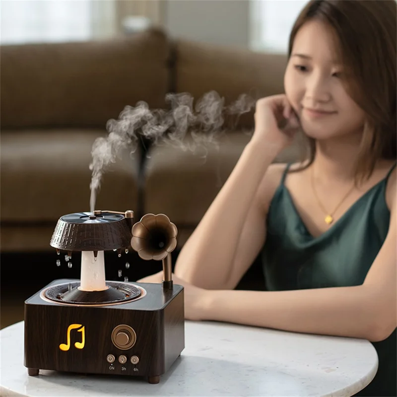 V98 250ml Rotating Water Droplet Aromatherapy Diffuser with Remote Control and Ambient Light EU Plug - Wood Grain