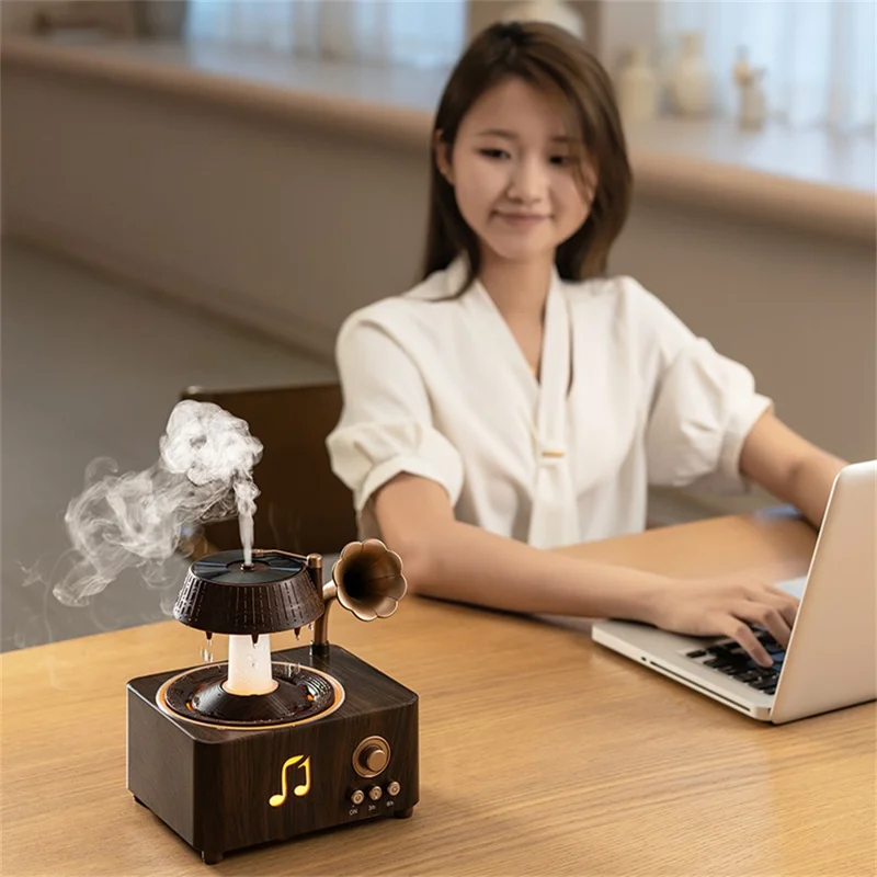 V98 250ml Rotating Water Droplet Aromatherapy Diffuser with Remote Control and Ambient Light EU Plug - Wood Grain