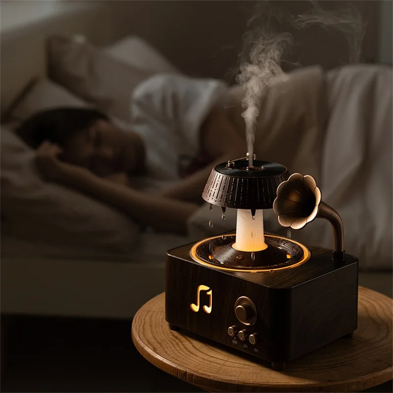 V98 250ml Rotating Water Droplet Aromatherapy Diffuser with Remote Control and Ambient Light EU Plug - Wood Grain