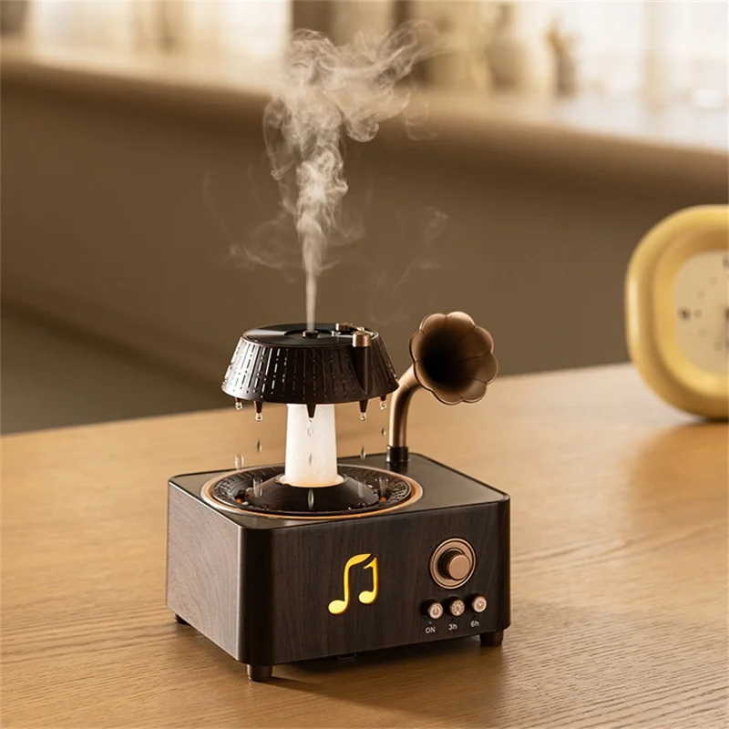 V98 250ml Rotating Water Droplet Aromatherapy Diffuser with Remote Control and Ambient Light EU Plug - Wood Grain