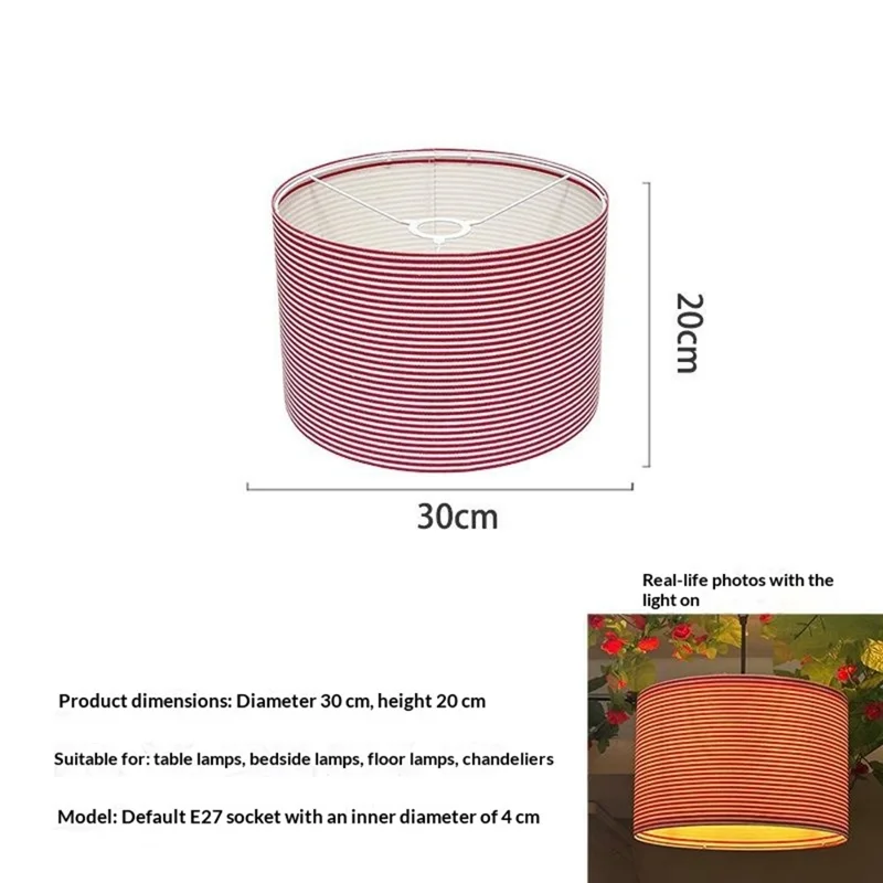 30 x 20cm Linen Fabric Cylindrical Lamp Shade E27 Socket Metal Frame Cover - Red +White Stripes