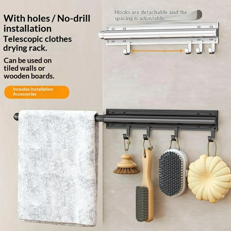 Wall-Mounted Retractable Drying Rod Aluminum Alloy + ABS with 5 Removable Hooks Adhesive or Drill Mount for Bathroom - Black