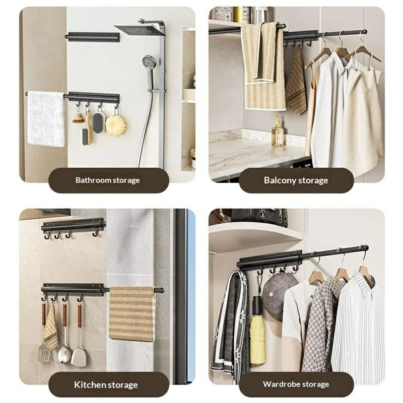 Wall-Mounted Retractable Drying Rod Aluminum Alloy + ABS with 5 Removable Hooks Adhesive or Drill Mount for Bathroom - Black