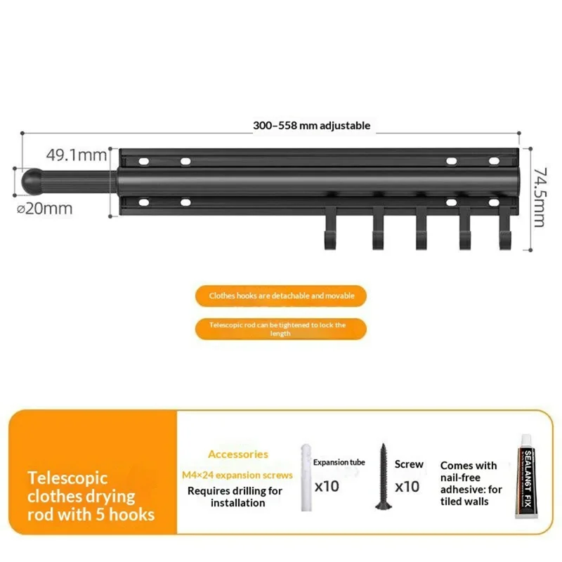 Wall-Mounted Retractable Drying Rod Aluminum Alloy + ABS with 5 ...