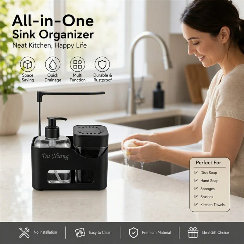 4-in-1 Kitchen Sink Organizer with Press Soap Dispenser, Rotating Towel ...