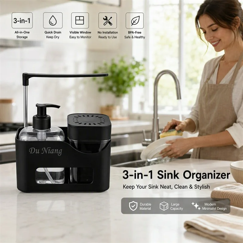 4-in-1 Kitchen Sink Organizer with Press Soap Dispenser, Rotating Towel ...