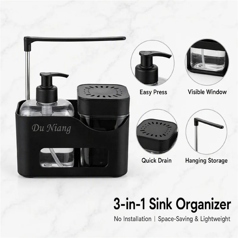 4-in-1 Kitchen Sink Organizer with Press Soap Dispenser, Rotating Towel ...
