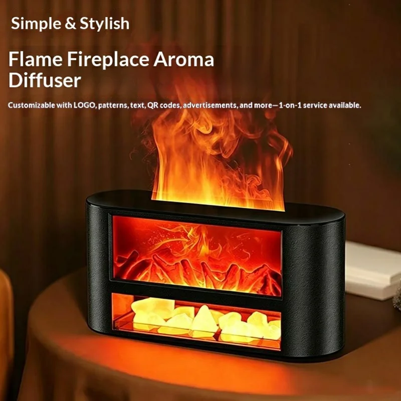 T52 300ml Fireplace Aroma Humidifier 3H  /  6H Timer Low-Water Auto Shutoff USB Type-C Diffuser for Home - Black