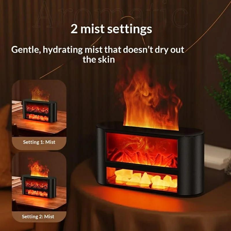 T52 300ml Fireplace Aroma Humidifier 3H  /  6H Timer Low-Water Auto Shutoff USB Type-C Diffuser for Home - Black