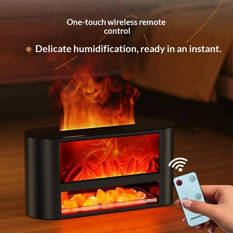 T52 300ml Fireplace Aroma Humidifier 3H  /  6H Timer Low-Water Auto Shutoff USB Type-C Diffuser for Home - Black