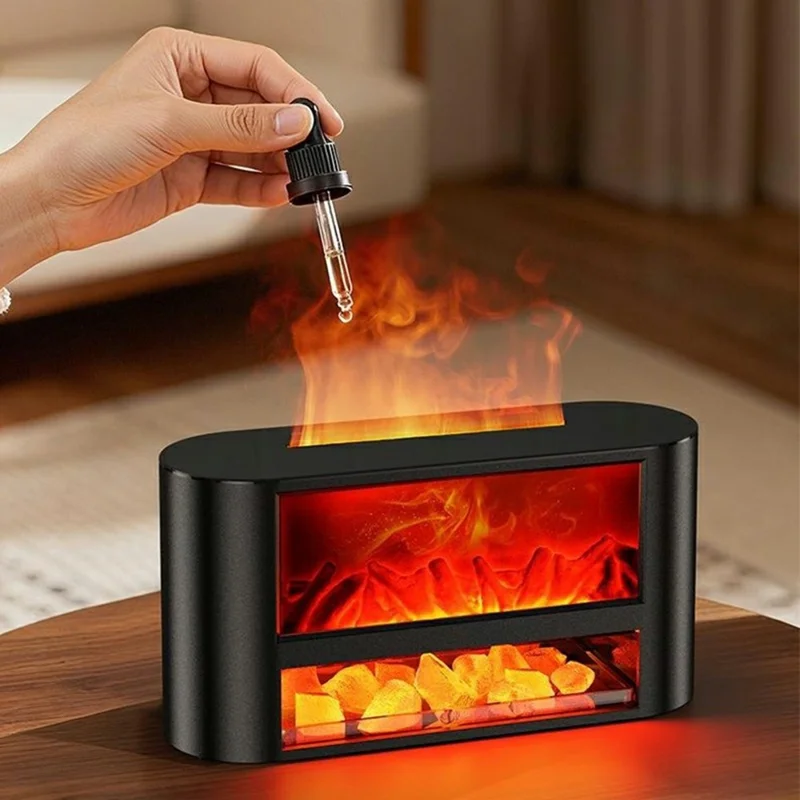 T52 300ml Fireplace Aroma Humidifier 3H  /  6H Timer Low-Water Auto Shutoff USB Type-C Diffuser for Home - Black