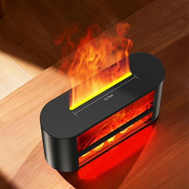 T52 300ml Fireplace Aroma Humidifier 3H  /  6H Timer Low-Water Auto Shutoff USB Type-C Diffuser for Home - Black