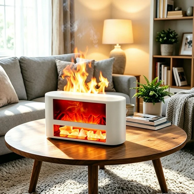 T52 300ml Fireplace Aroma Humidifier 3H  /  6H Timer Low-Water Auto Shutoff USB Type-C Diffuser for Home - Black