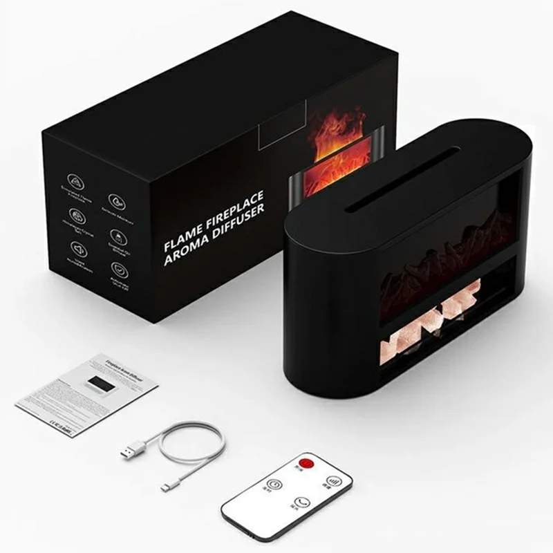T52 300ml Fireplace Aroma Humidifier 3H  /  6H Timer Low-Water Auto Shutoff USB Type-C Diffuser for Home - Black