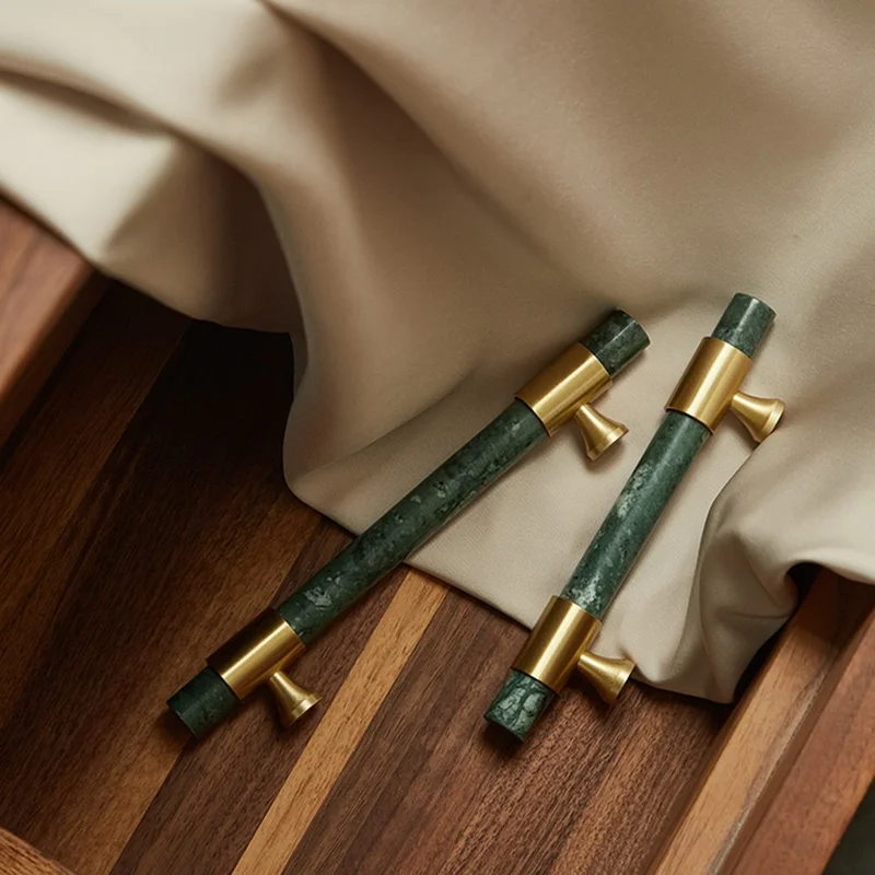 155mm Kitchen Cabinet Door Bar Pull Marble+Brass Home Decor Hardware Handle with 25mm Screw, 96mm Hole Distance - Blackish Green