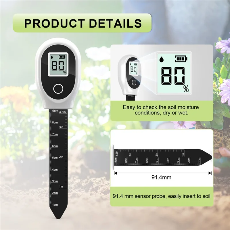 SGS10 Soil Moisture Meter, LCD Percent Readout, Removable Probe, 1-9cm Depth Scale, ±10% Accuracy