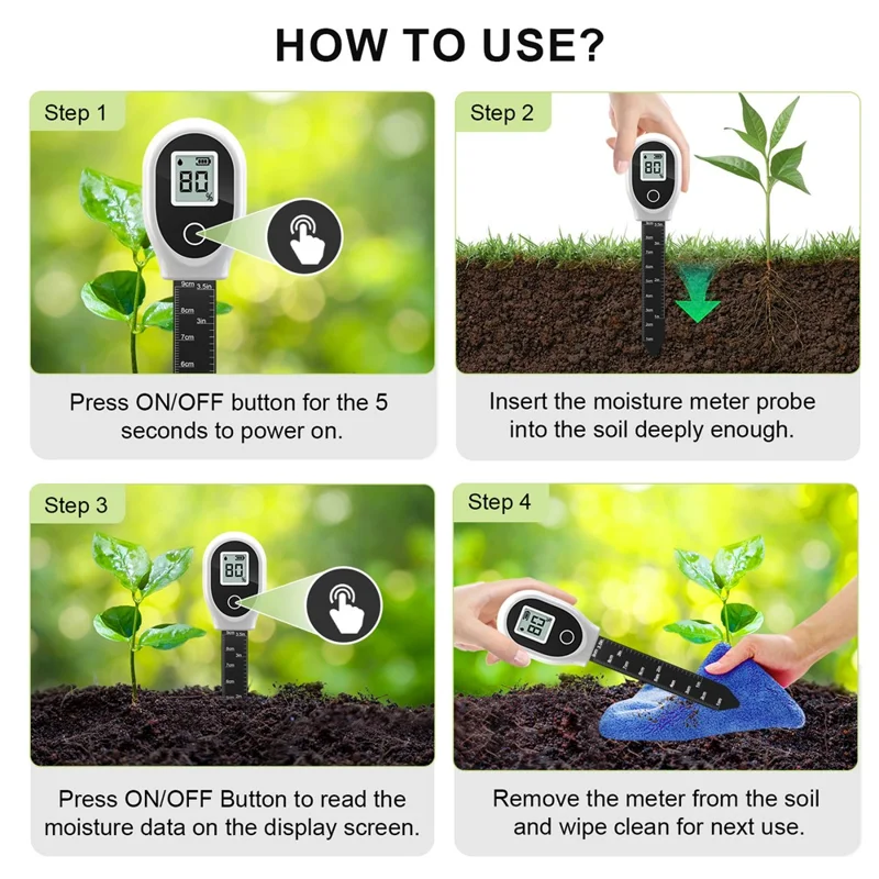SGS10 Soil Moisture Meter, LCD Percent Readout, Removable Probe, 1-9cm Depth Scale, ±10% Accuracy