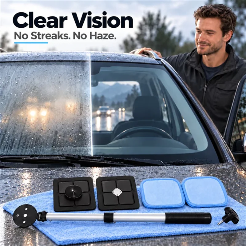 Magnetic Double-Sided Windshield Cleaner with Telescopic Handle, 2 Magnetic Boards and 2 Microfiber Cloths, Glass Cleaning Tool