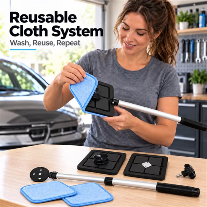 Magnetic Double-Sided Windshield Cleaner with Telescopic Handle, 2 Magnetic Boards and 2 Microfiber Cloths, Glass Cleaning Tool