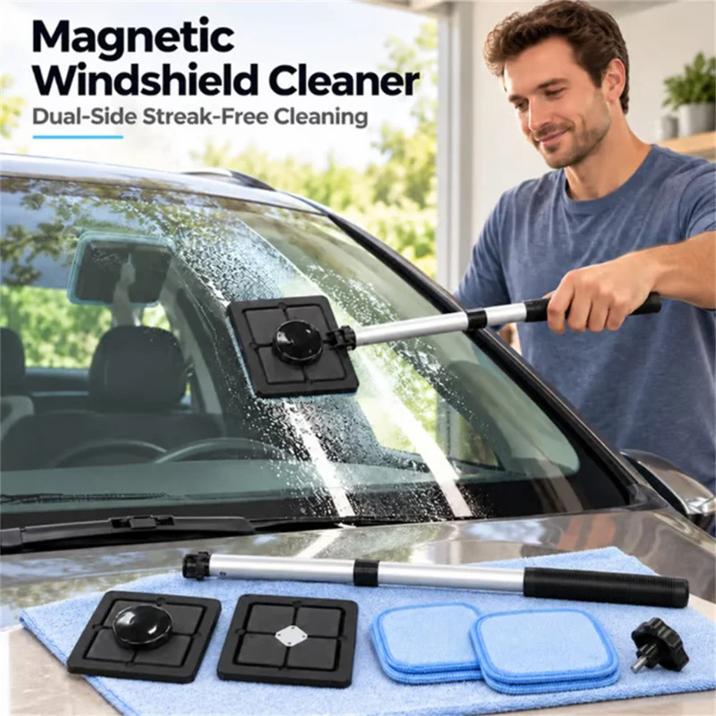 Magnetic Double-Sided Windshield Cleaner with Telescopic Handle, 2 Magnetic Boards and 2 Microfiber Cloths, Glass Cleaning Tool