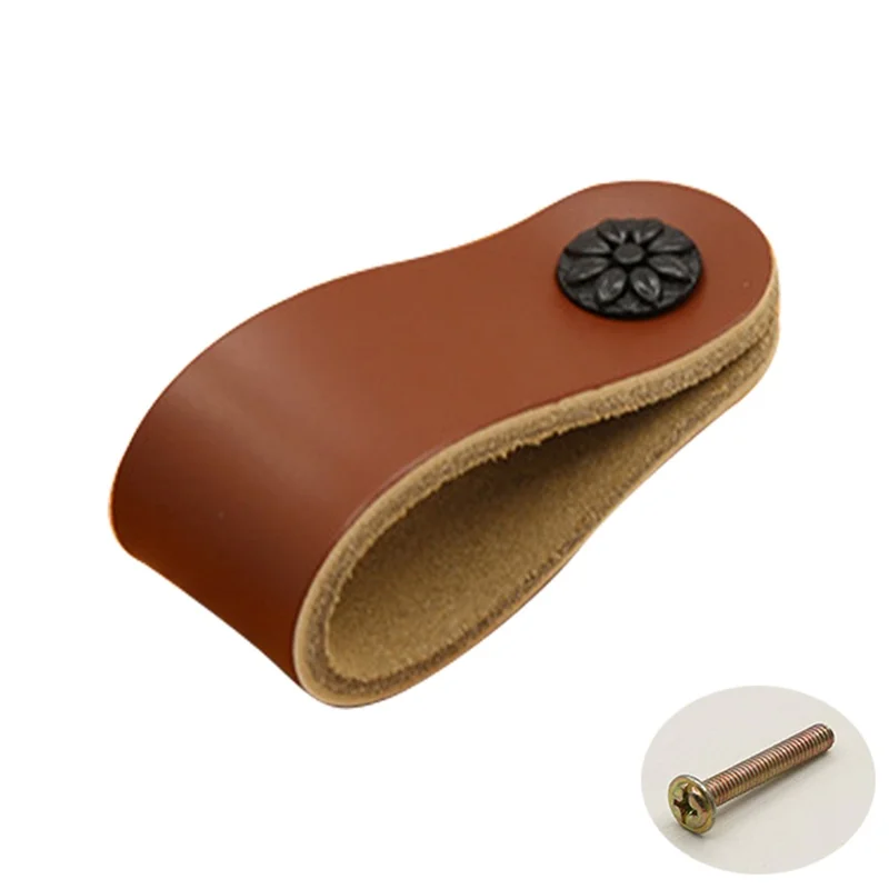 22mm Screw Leather Cabinet Pulls Anti-Collision Wardrobe Drawer Handles Pulls - 6188 Brown / Single Hole