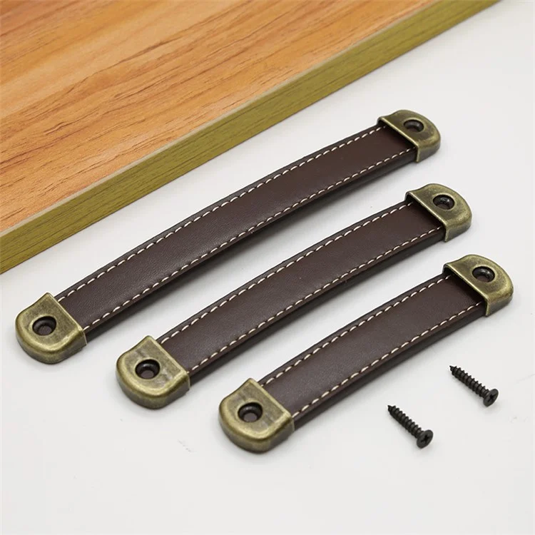 Leather Drawer Handles Wardrobe Cabinets Kitchen Closet Knob Door Pulls with 18mm Self-Tapping Screw - 6501 Dark Brown-160