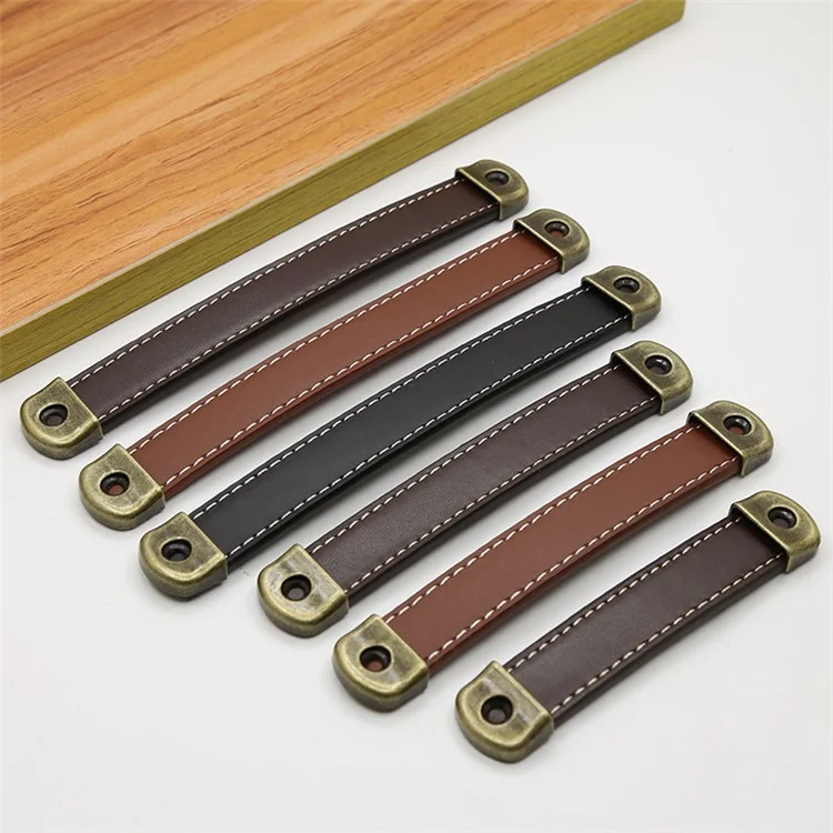 Leather Drawer Handles Wardrobe Cabinets Kitchen Closet Knob Door Pulls with 18mm Self-Tapping Screw - 6501 Dark Brown-160