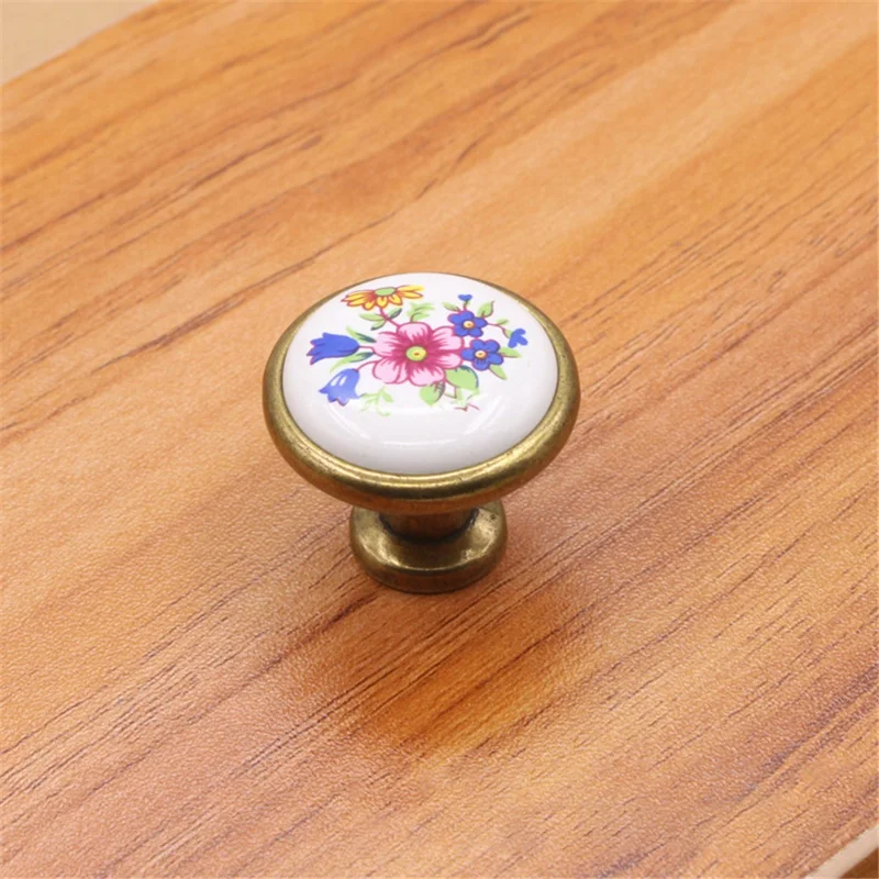 Poignée de porte de cuisine vintage en alliage de zinc + poignée en céramique peinte, tiroir de meuble Pulls Knob avec vis de 25 mm - 1799 Bronze-Fleur bleue
