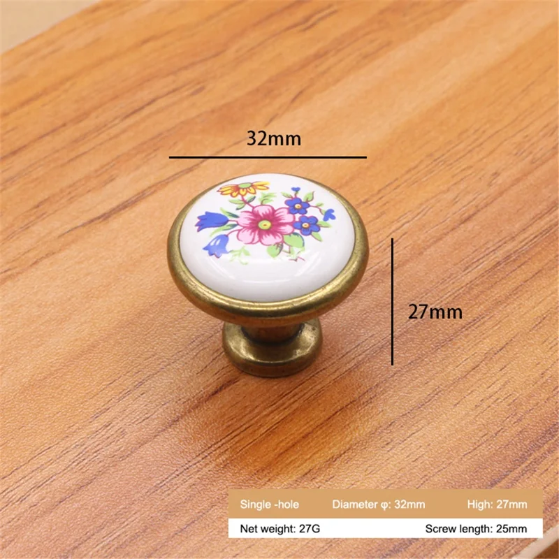 Poignée de porte de cuisine vintage en alliage de zinc + poignée en céramique peinte, tiroir de meuble Pulls Knob avec vis de 25 mm - 1799 Bronze-Fleur bleue