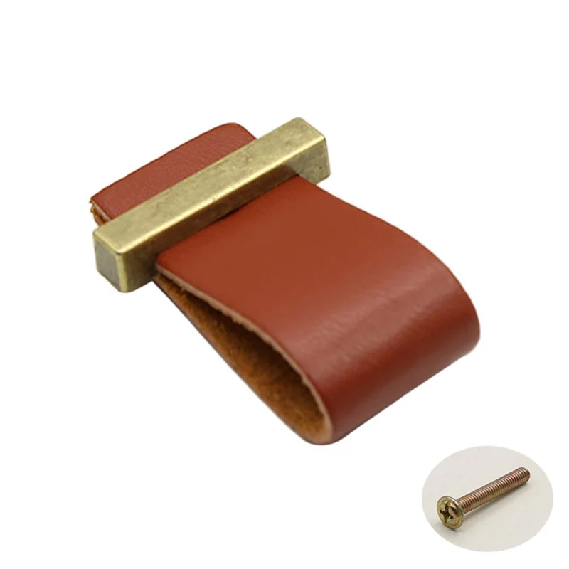 Cabinet Leather Handle Wardrobe Pull Retro Drawer Kitchen Furniture Leather Knob with 22mm Screw - Light Brown / Single Hole