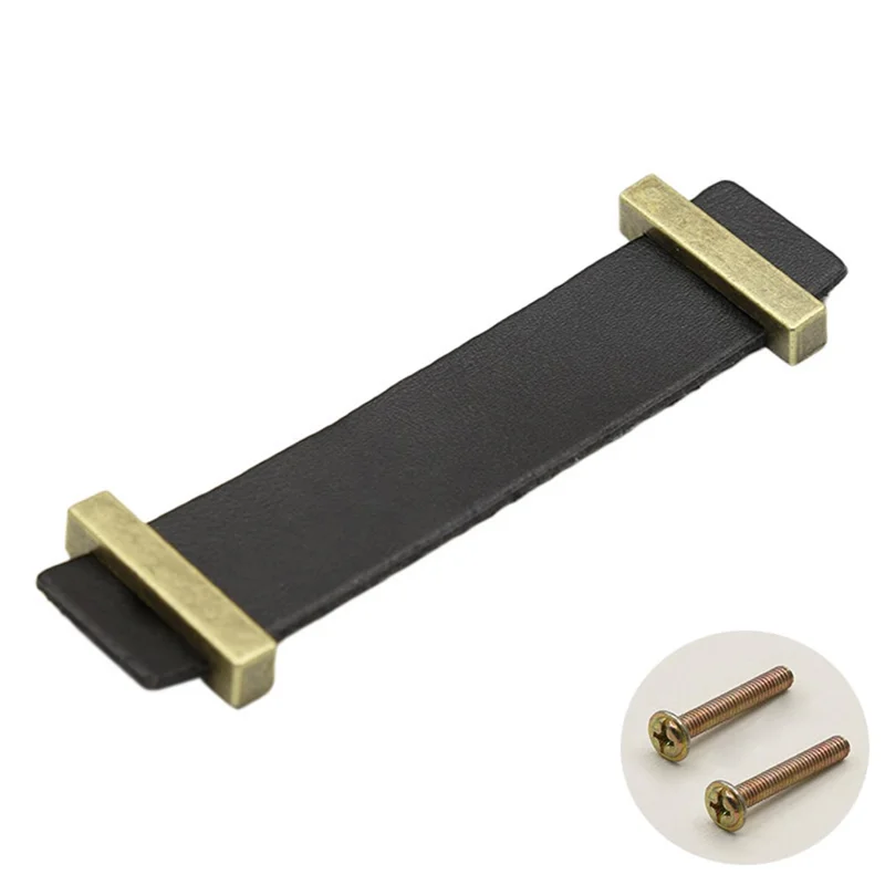 Cabinet Leather Handle Wardrobe Pull Retro Drawer Kitchen Furniture Leather Knob with 22mm Screw - Black / Hole Distance 96mm