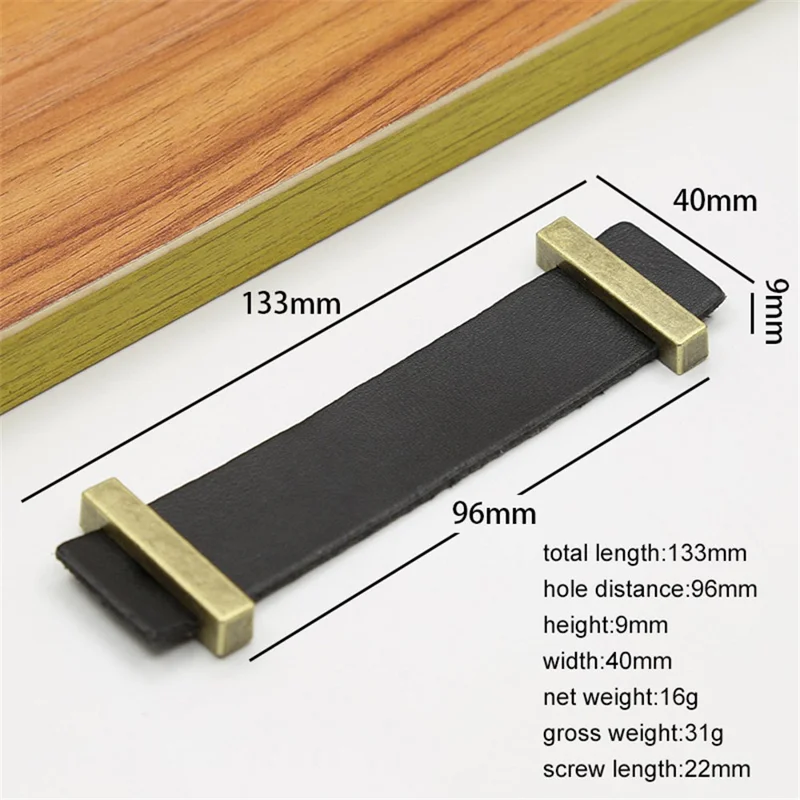 Cabinet Leather Handle Wardrobe Pull Retro Drawer Kitchen Furniture Leather Knob with 22mm Screw - Black / Hole Distance 96mm