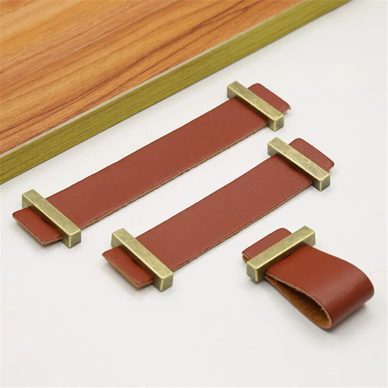 Cabinet Leather Handle Wardrobe Pull Retro Drawer Kitchen Furniture Leather Knob with 22mm Screw - Black / Hole Distance 96mm