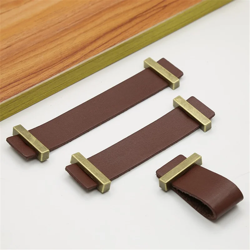 Cabinet Leather Handle Wardrobe Pull Retro Drawer Kitchen Furniture Leather Knob with 22mm Screw - Black / Hole Distance 96mm