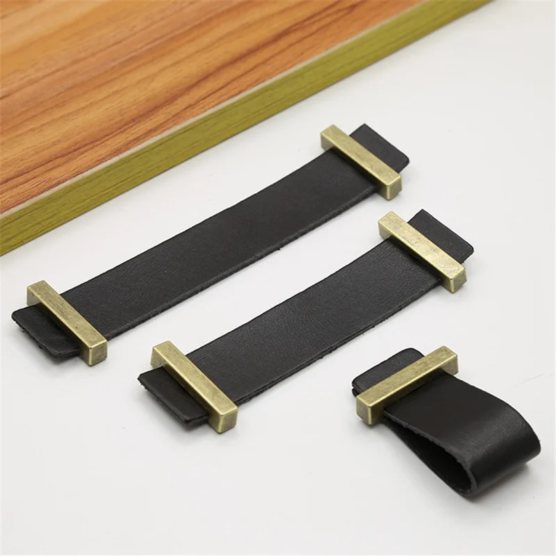 Cabinet Leather Handle Wardrobe Pull Retro Drawer Kitchen Furniture Leather Knob with 22mm Screw - Black / Hole Distance 96mm