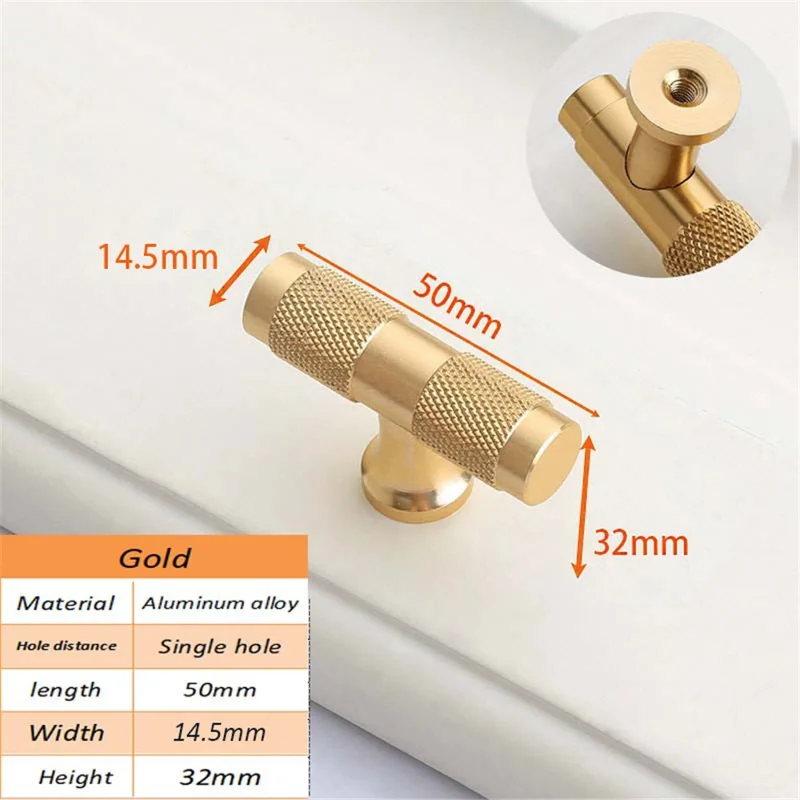 Closet T-Shape Bar Pull Handle Aluminum Profile Knob Kitchen Bedroom Cabinet Single Screw Hole Handle with 22mm Screw - Gold