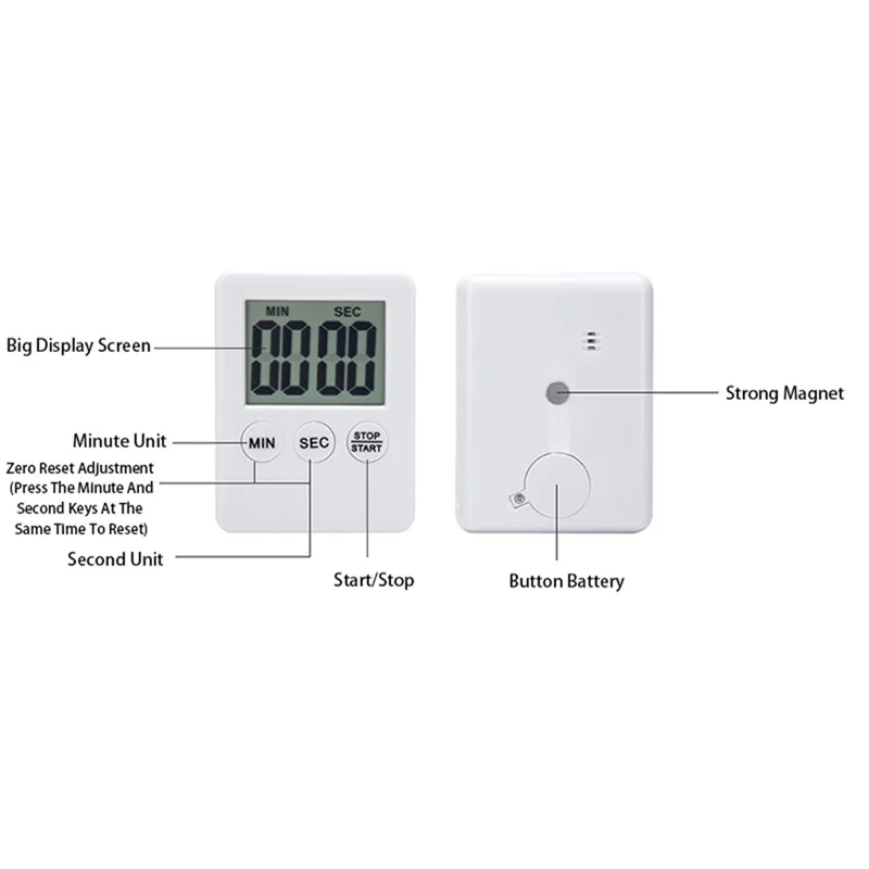 Temporizador de Cozinha Ultra Fino com Tela LCD Grande Exibição Digital Magnética de Contagem Regressiva - Branco