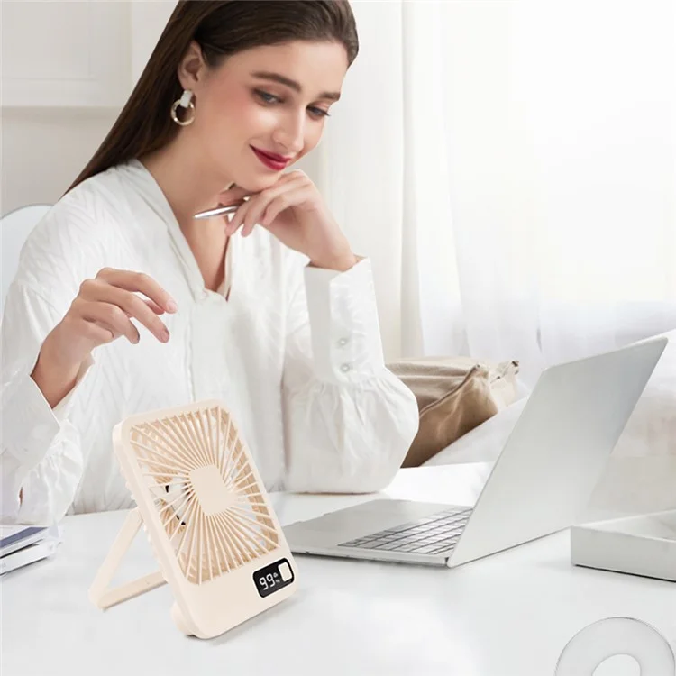 Q3 Digital Display Desk Fan USB Rechargeable 5 Speeds Ultra Thin Mute Cooling Fan (CE Certified) - Pink