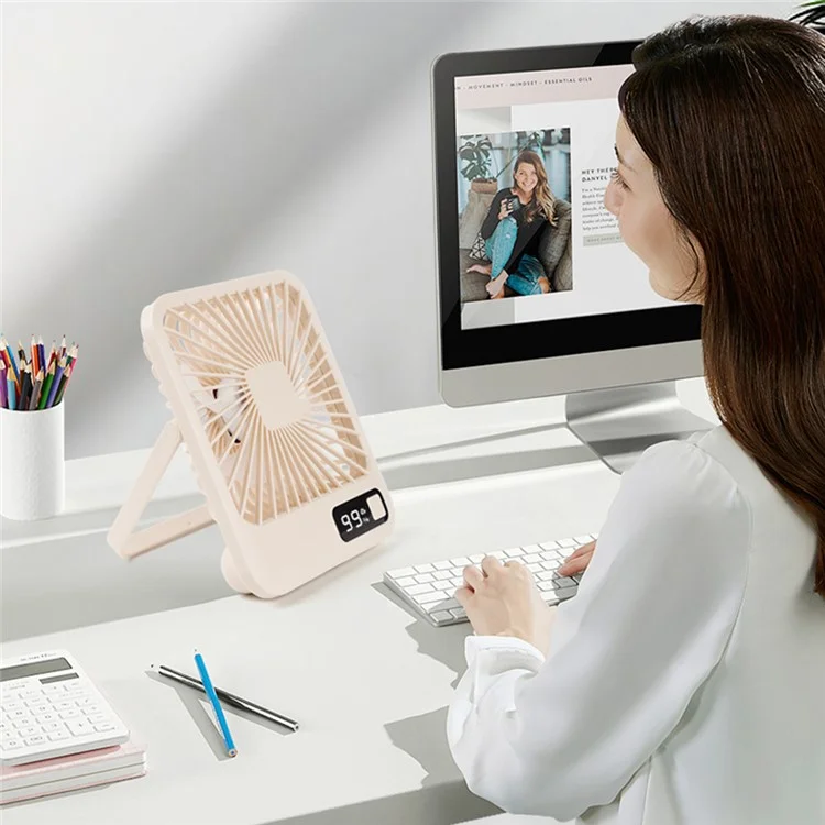 Q3 Digital Display Desk Fan USB Rechargeable 5 Speeds Ultra Thin Mute Cooling Fan (CE Certified) - White
