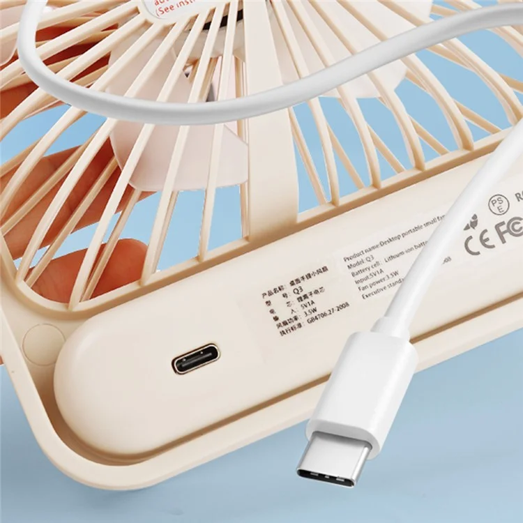 Q3 Digital Display Desk Fan USB Rechargeable 5 Speeds Ultra Thin Mute Cooling Fan (CE Certified) - White