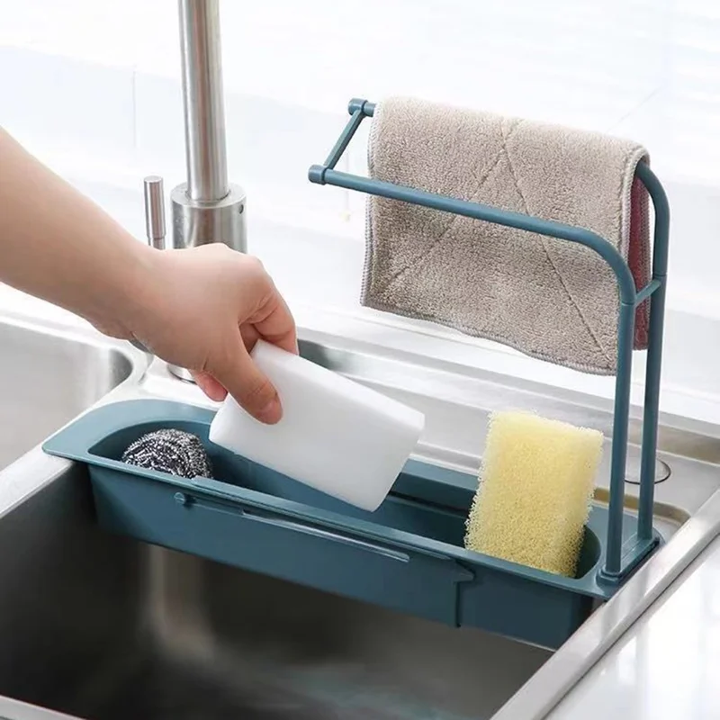 Telescopic Sink Shelf Kitchen Sink Drain Rack Soap Sponge Holder Organizer Cloth Hanger Storage Basket - Blue