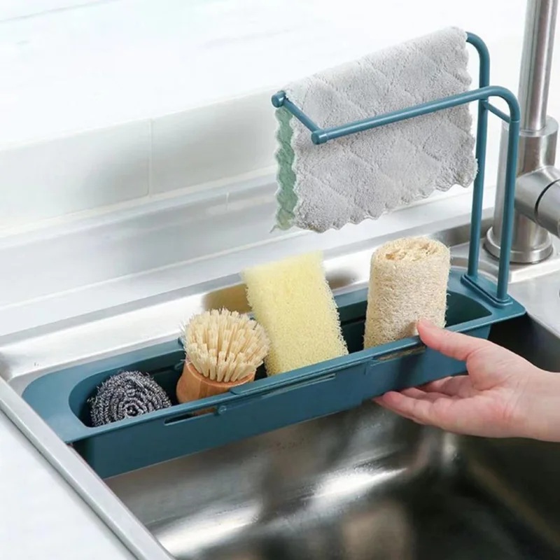 Telescopic Sink Shelf Kitchen Sink Drain Rack Soap Sponge Holder Organizer Cloth Hanger Storage Basket - Blue